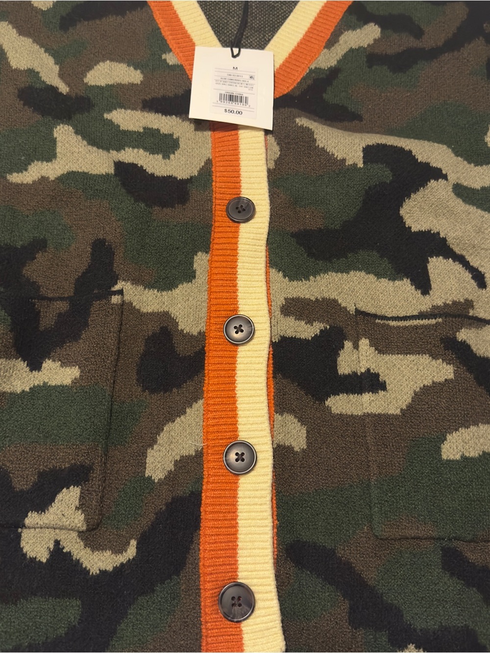 NWT KBB by Kahlana Camo Cardigan Sweater Medium Orange Trim Button Front Size M - Picture 5 of 7